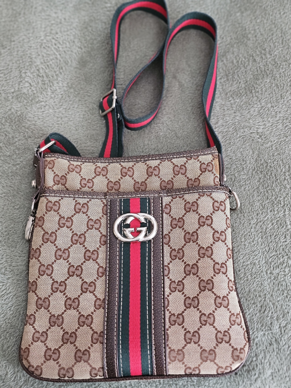 Gucci Brown GG Supreme Crossbody with Red & Green Web and Silver Hardware